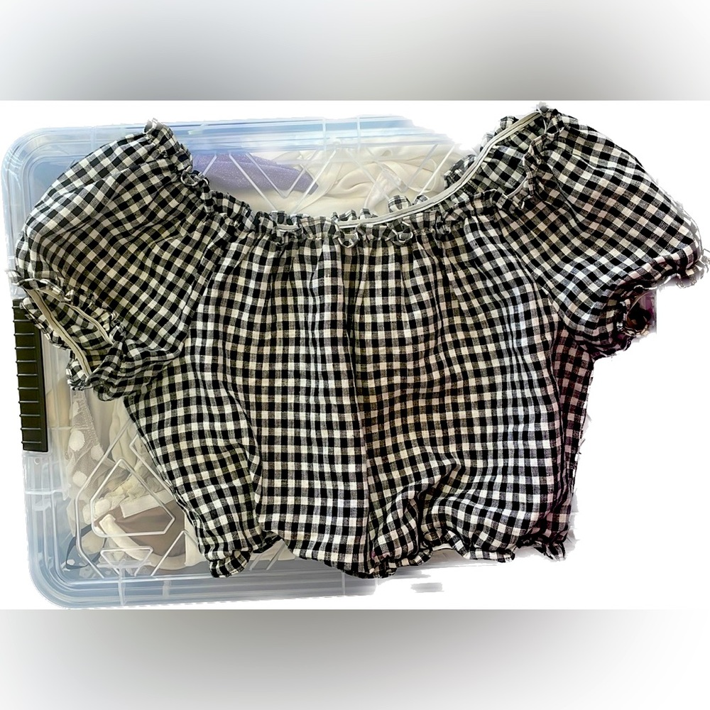 Reformation crop top black and white checkerboard size small , and large.